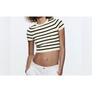 Lot Of 2 Zara Women NWT Black White Stripe EUC Black Crop Top T Shirt Size Small